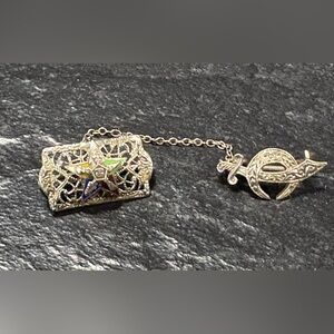 Antique 14K White Gold Order of the Eastern Star Diamond Enamel Pin with scim